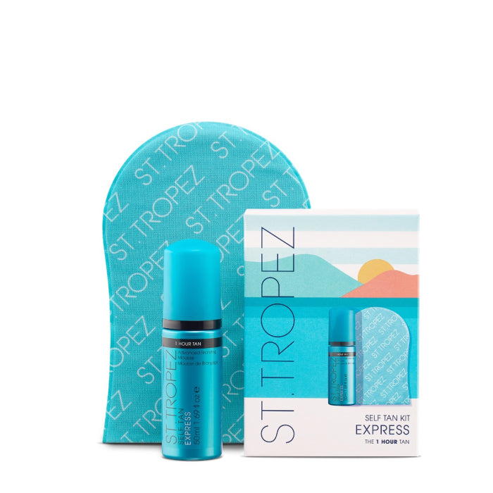 St Tropez self tan kit with express 1 hour tan mousse and applicator mitt in turquoise packaging