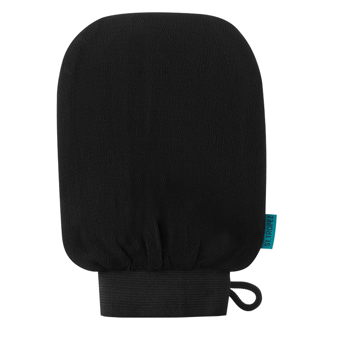St Tropez black tan remover mitt with elastic cuff and hanging loop for easy use