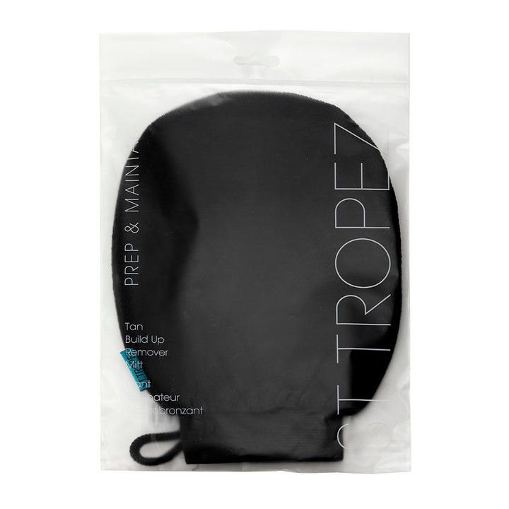 St Tropez black tan remover mitt in clear resealable packaging for easy self-tanning removal