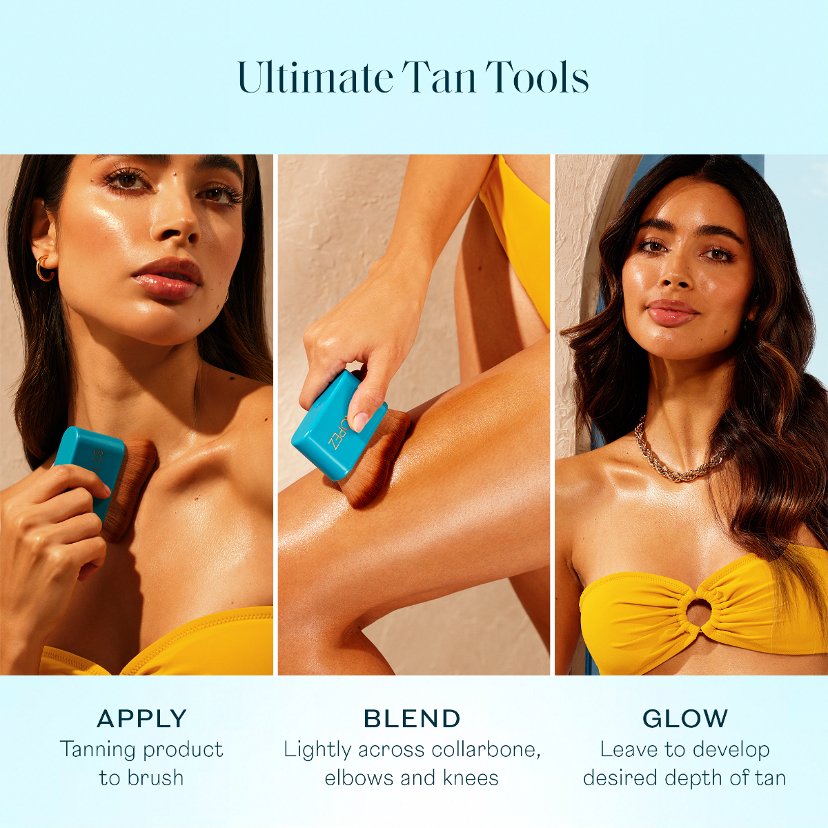 St Tropez ultimate tan body brush being used to apply and blend tanning product on glowing skin