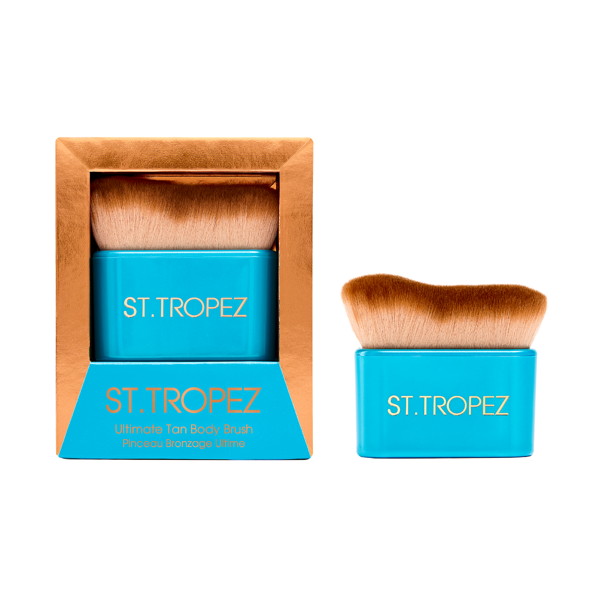St. Tropez ultimate tan body brush with dense bristles and turquoise handle in packaging and outside