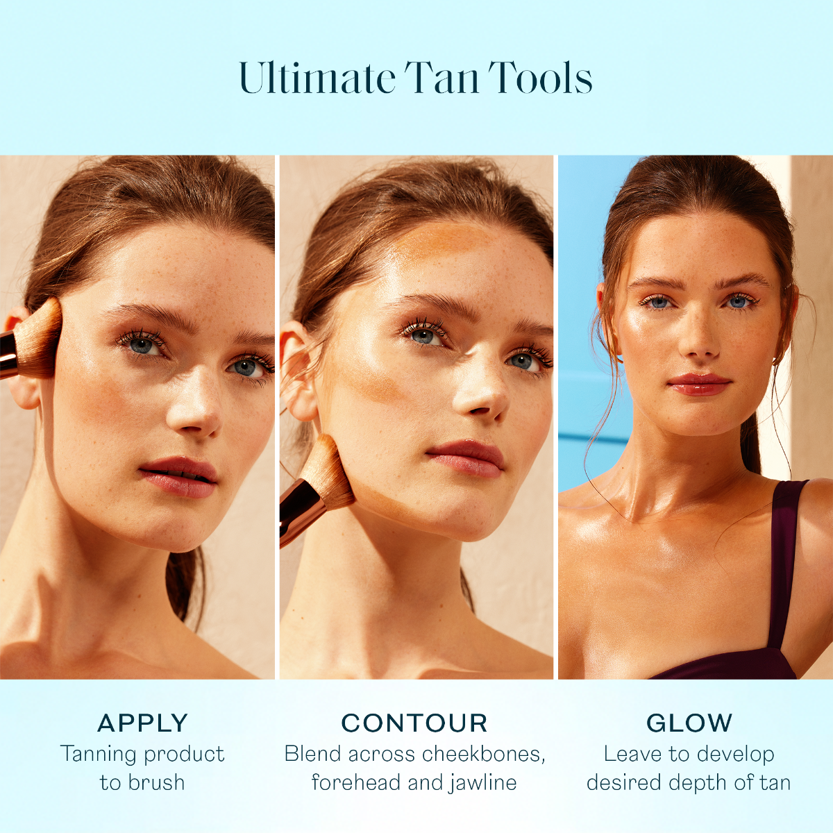 St. Tropez ultimate tan face brush applying, contouring, and glowing on model's face