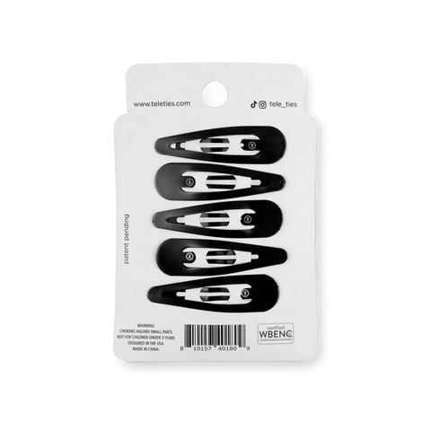 Teleties snap hair clips in black packaging with five stylish clips for secure hair styling