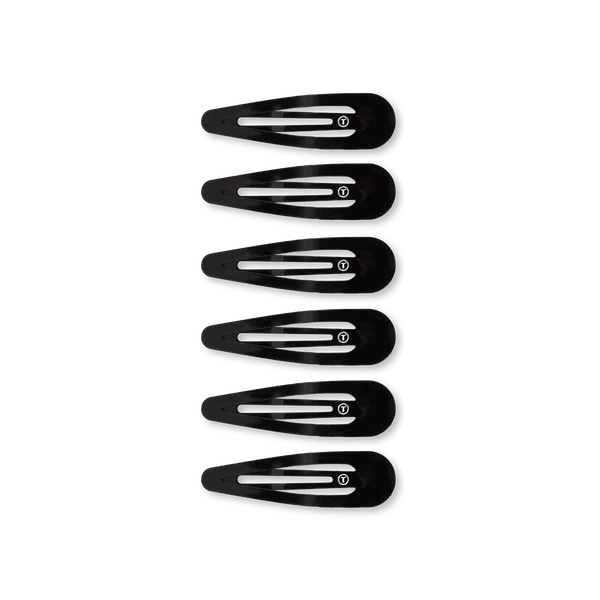 Set of six black Teleties snap hair clips for secure and stylish hair styling