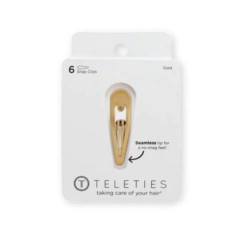 Teleties snap hair clips in gold packaging with six seamless clips for no-snag styling