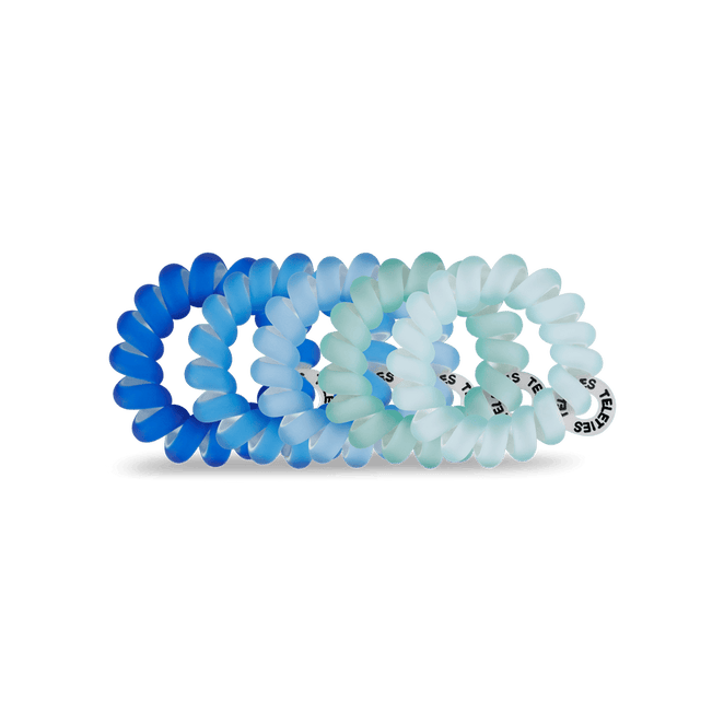 Teleties tiny hair ties in blue and green gradient colors for secure and stylish hair styling