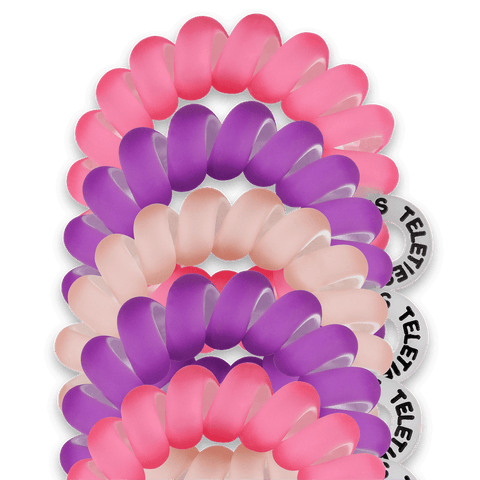 Teleties tiny hair ties in pink and purple colors, perfect for secure and stylish hair styling