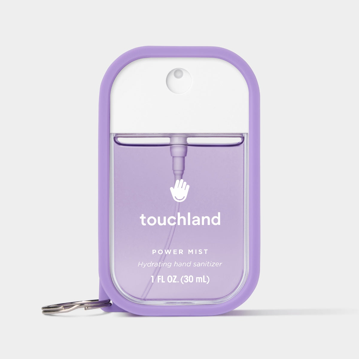 Touchland hand sanitizer mist in purple packaging with keychain feature for convenient use