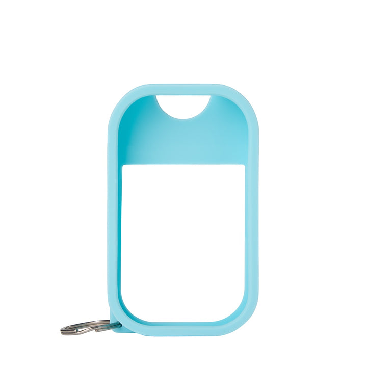 Touchland hand sanitizer mist bottle holder in light blue with keychain attachment for convenient use