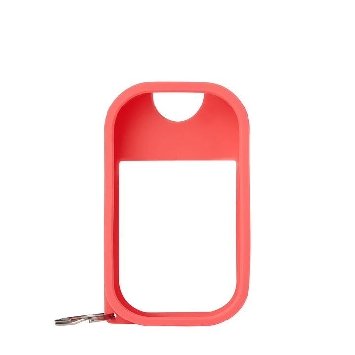 Touchland hand sanitizer mist holder in coral with keychain attachment for convenience