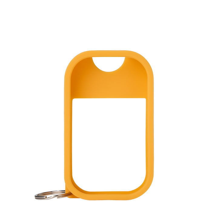 Bright yellow case for Touchland hand sanitizer mist with a keychain attachment for easy carrying