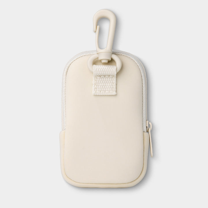 Touchland hand sanitizer pouch in cream color with a clip for easy attachment and travel convenience