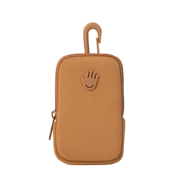 Touchland hand sanitizer pouch in tan color with a convenient hook for easy carrying