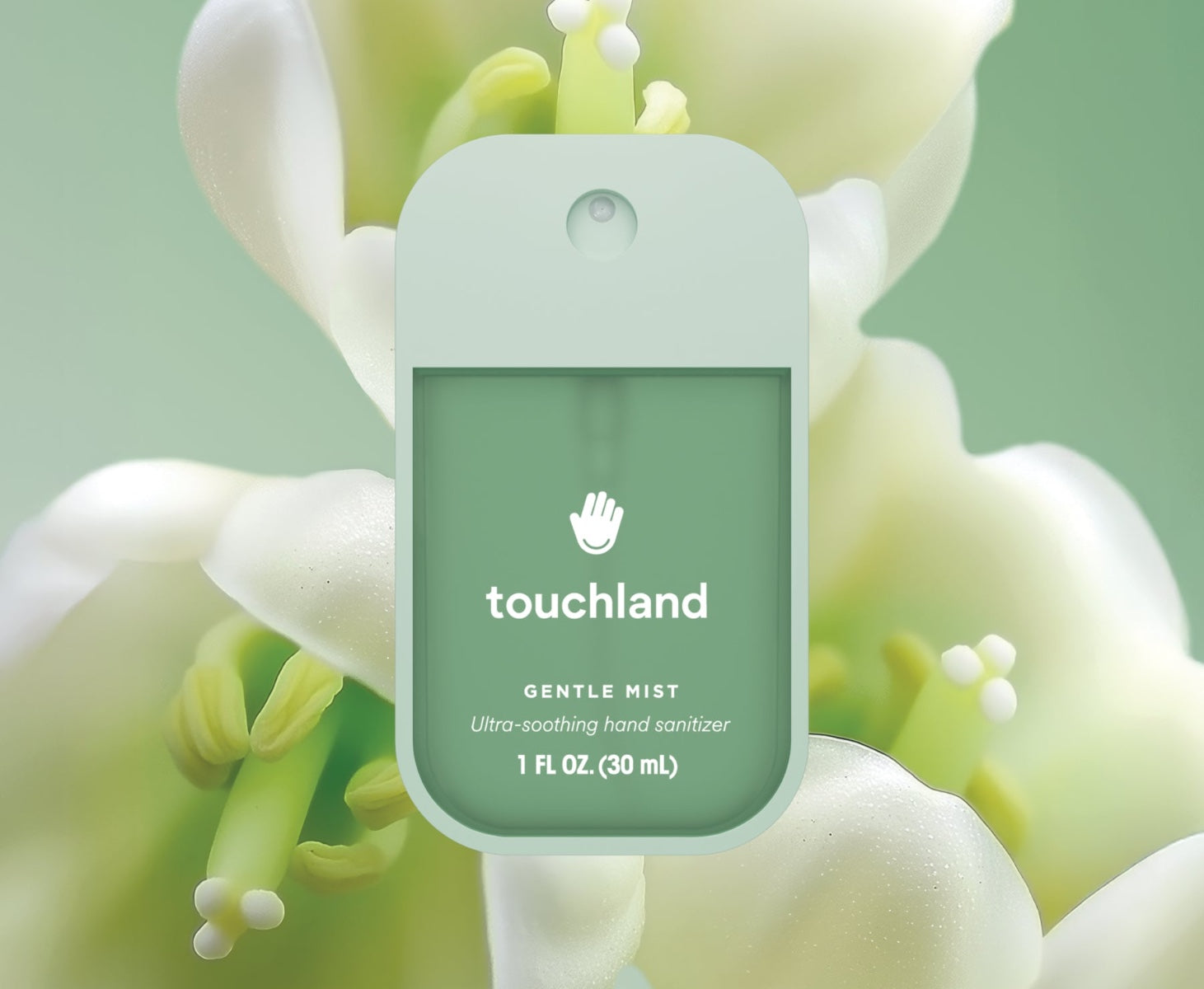 Touchland lily of the valley hand sanitizer in a green bottle with ultra-soothing formula and floral background