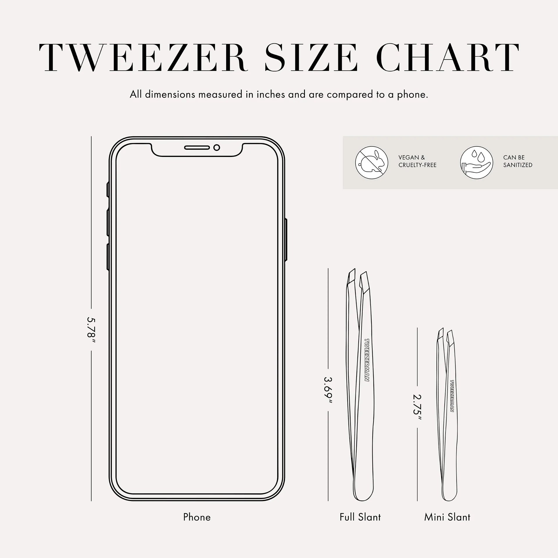 Tweezerman tweezer size chart showing dimensions of full slant and mini slant tweezers compared to a phone