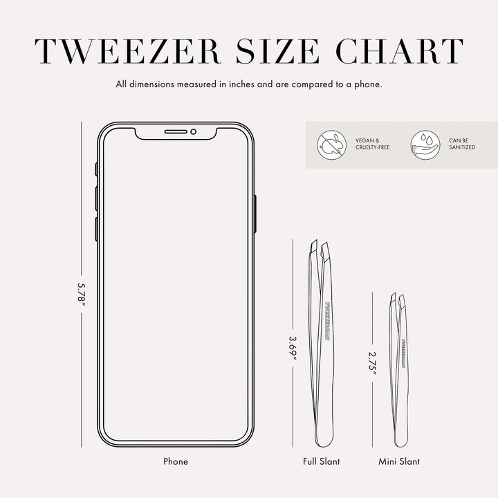Tweezerman tweezer size chart showing dimensions of full slant and mini slant tweezers compared to a phone