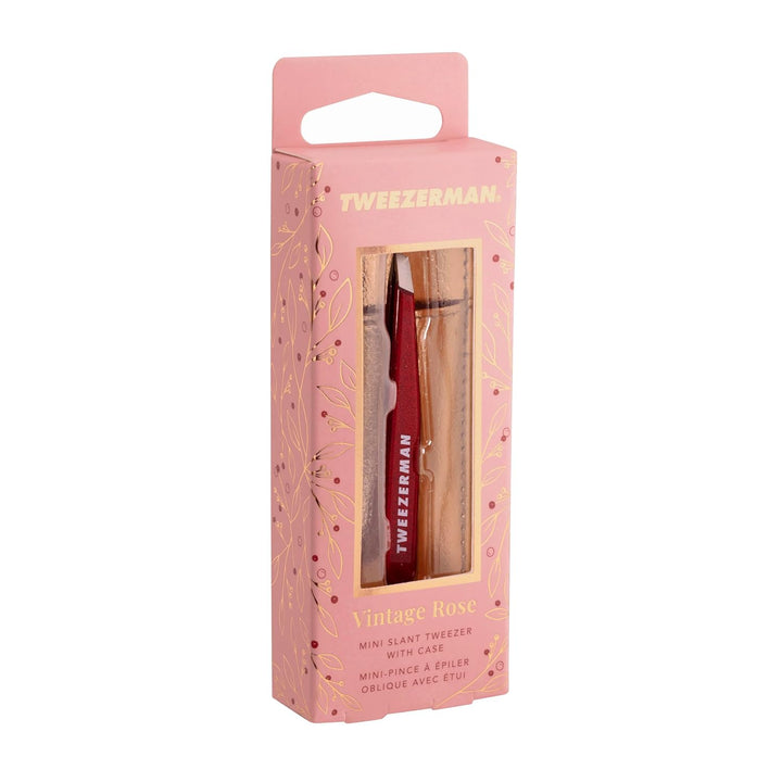 Tweezerman mini slant tweezer in vintage rose color with protective case for precision grooming