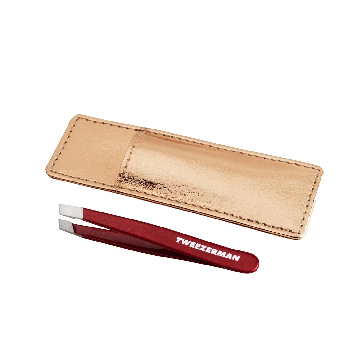 Tweezerman mini slant tweezer in red with protective case for precise eyebrow shaping