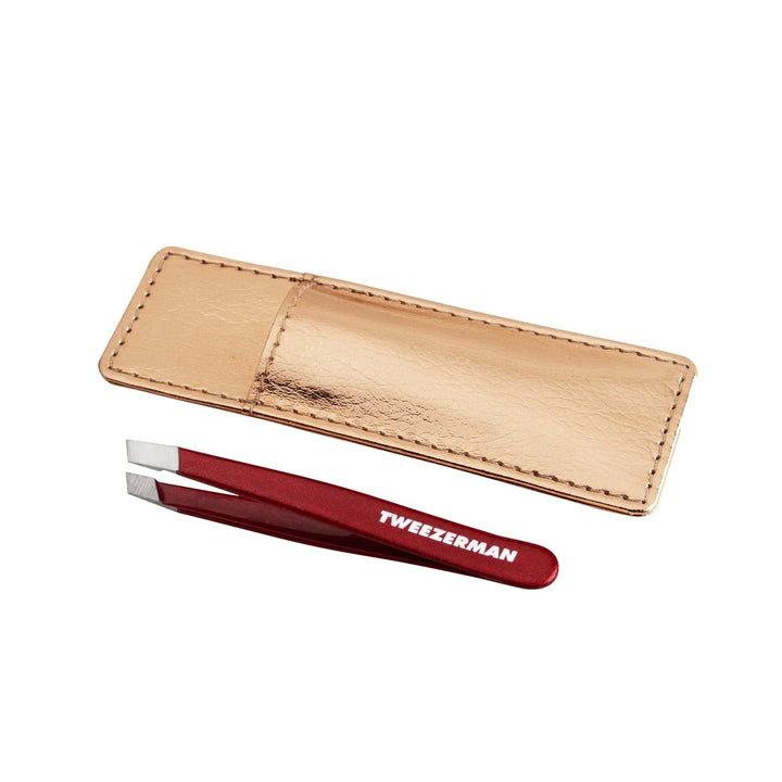 Tweezerman mini slant tweezer in red with protective case for precise eyebrow shaping
