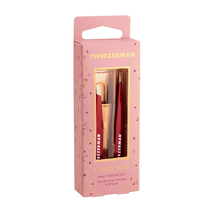 Tweezerman mini tweezer set in Vintage Rose with slant and point tweezers in a stylish box