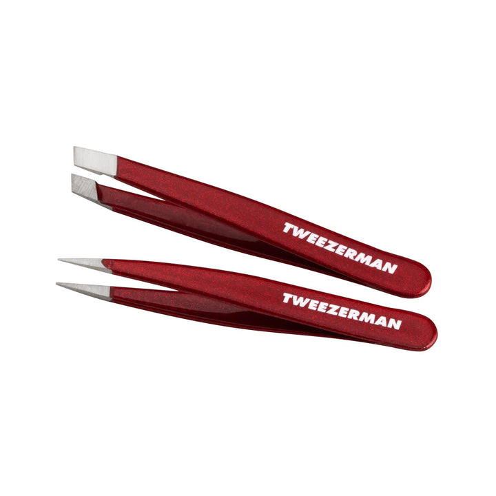 Tweezerman mini tweezer set in red with precise tips for effortless hair removal and shaping