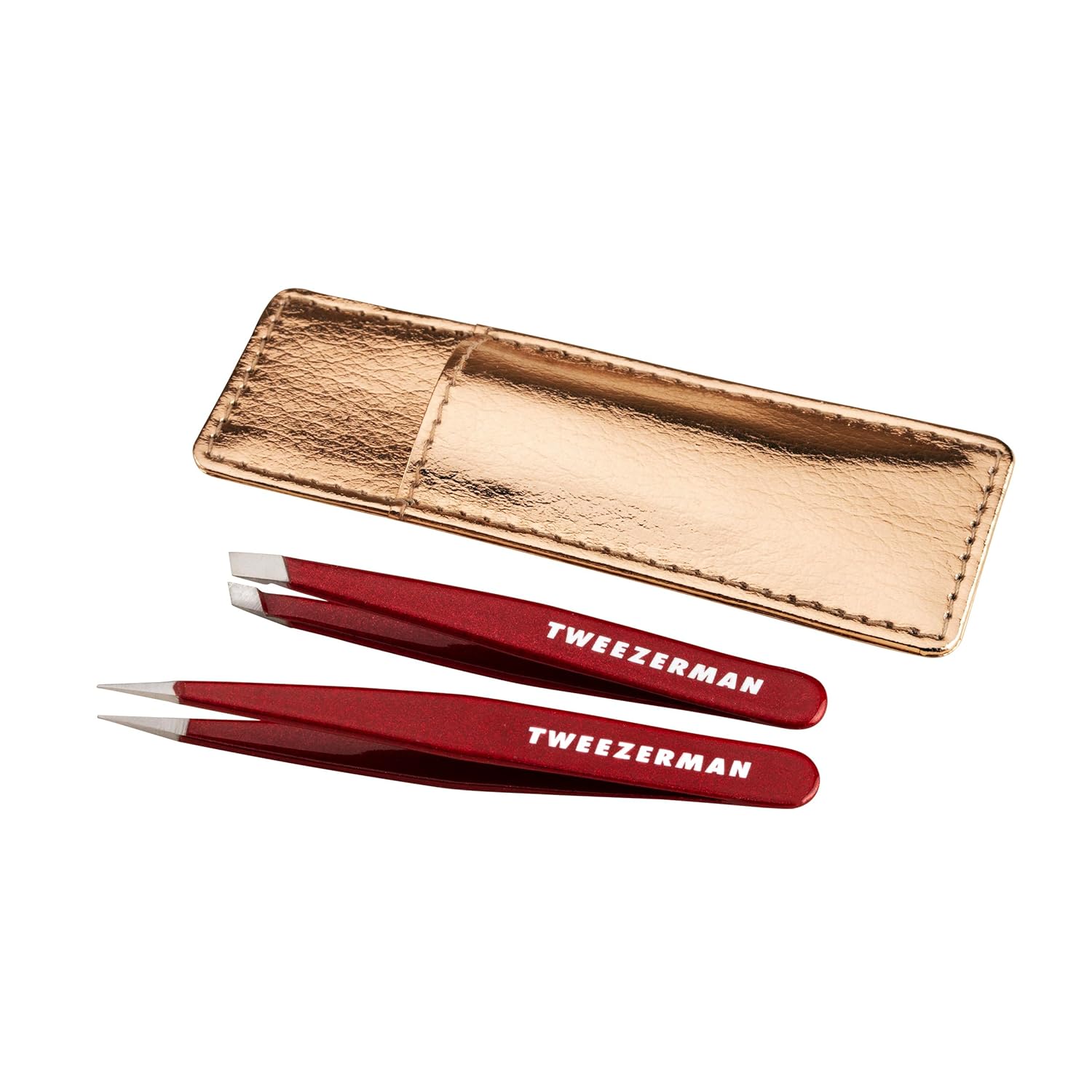 Tweezerman mini tweezer set in red with a gold carrying case for precise eyebrow grooming