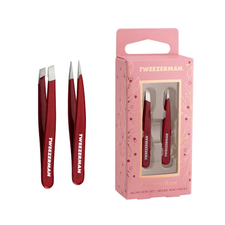 Tweezerman mini tweezer set in rose red with slant and point tweezers for precision grooming