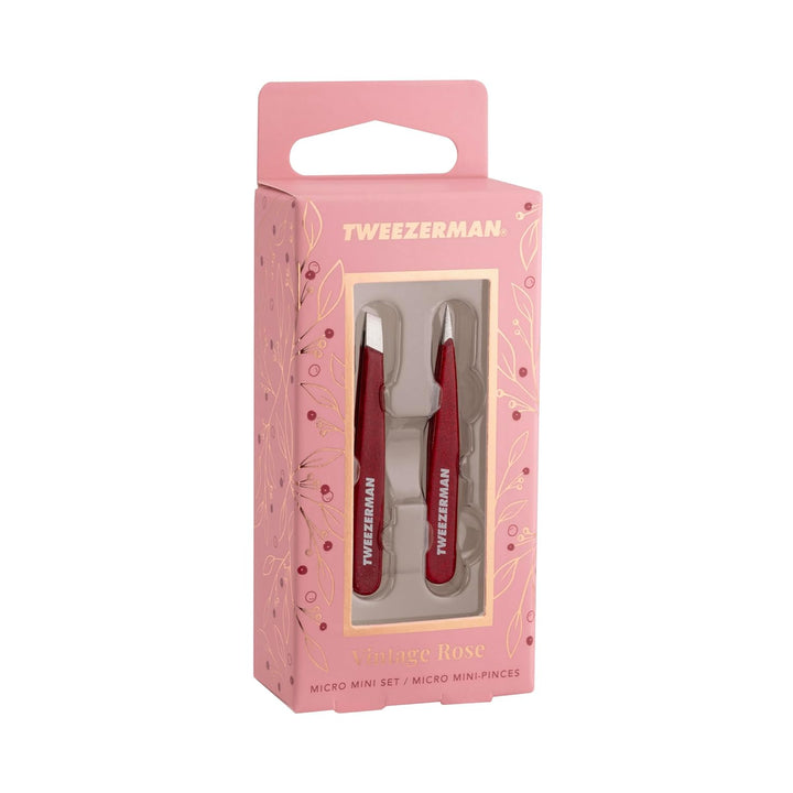 Tweezerman mini tweezer set in Vintage Rose packaging with two precision tweezers
