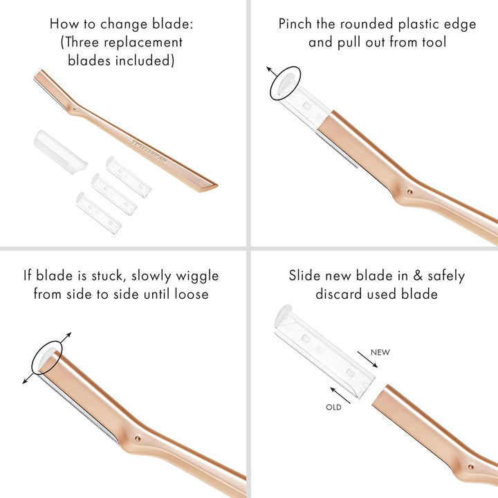 Tweezerman rose gold blade replacement guide showing easy step-by-step instructions