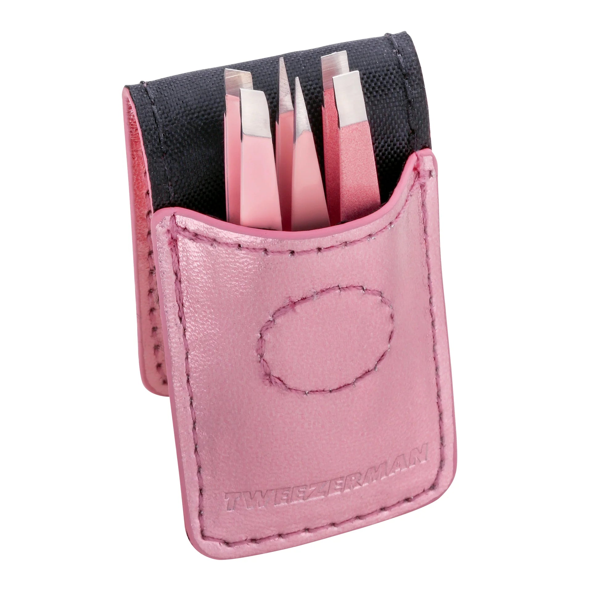 Tweezerman tweezer set in a pink carrying case for precision grooming and eyebrow shaping