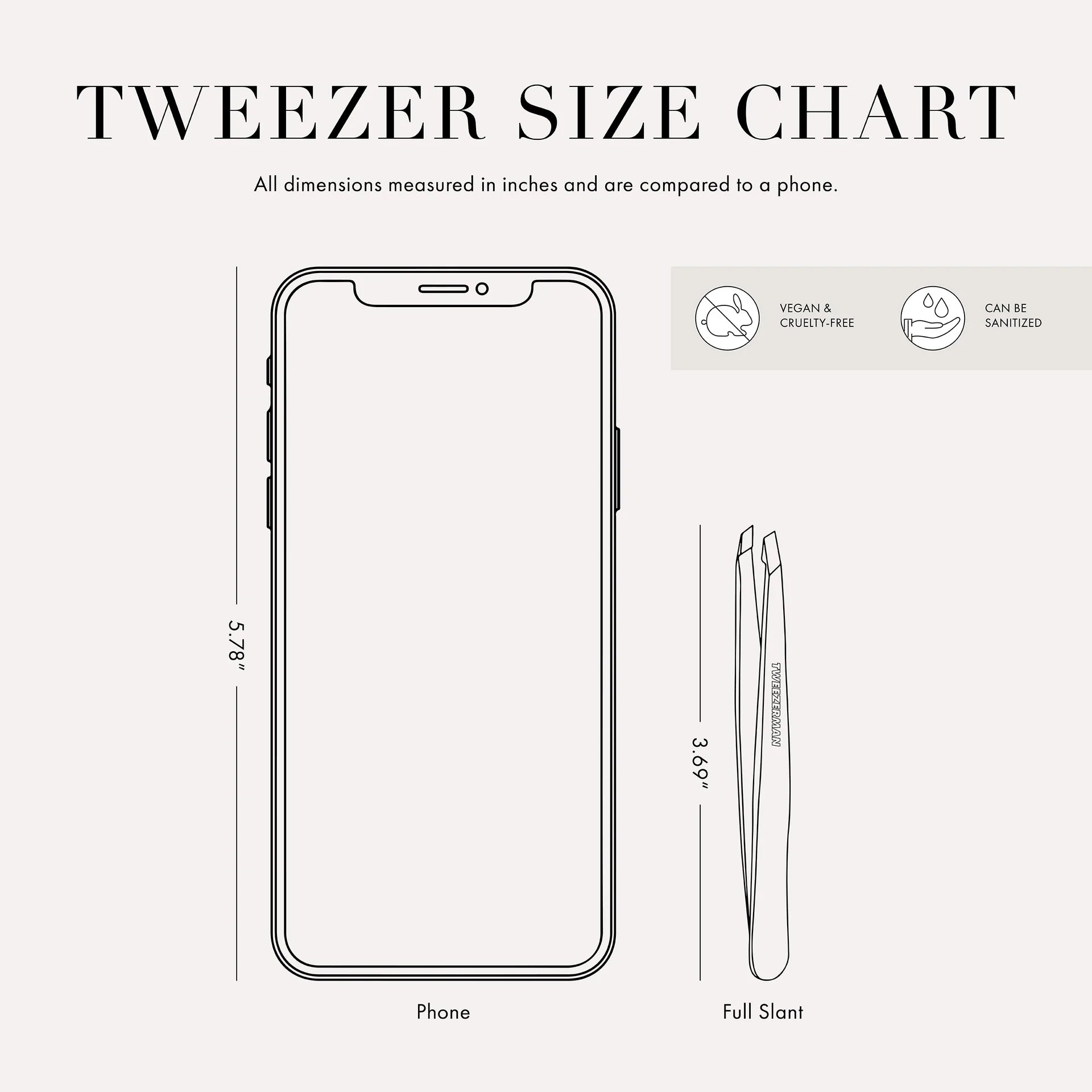 Tweezerman tweezer size chart showing dimensions compared to a phone for easy reference