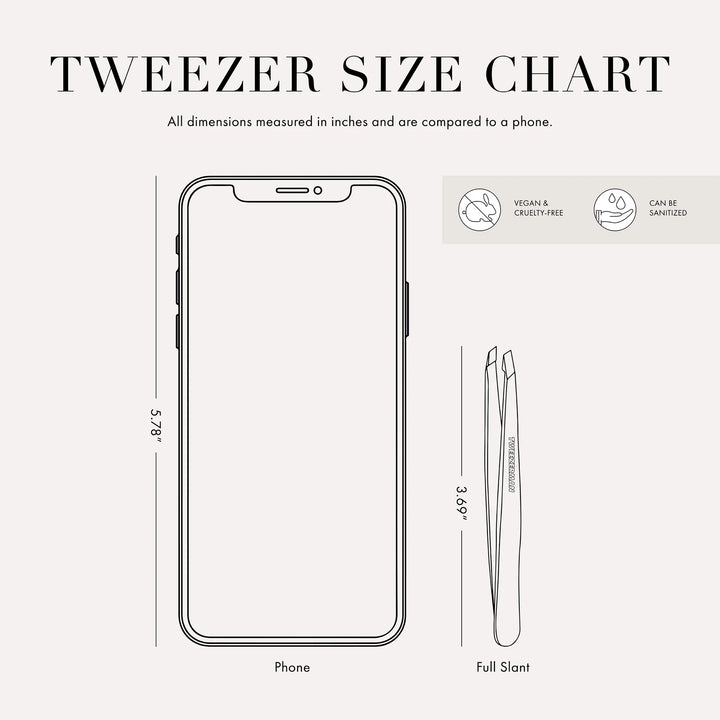 Tweezerman tweezer size chart showing dimensions compared to a phone for easy reference