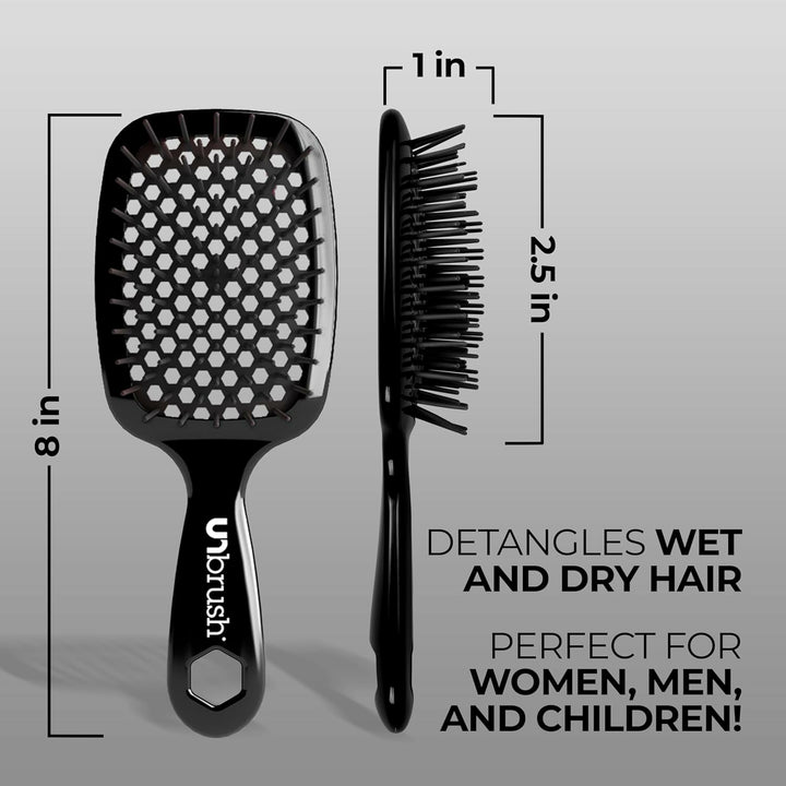 Unbrush original full sized hair brush in black with vented design, measuring 8 inches long and 2.5 inches wide