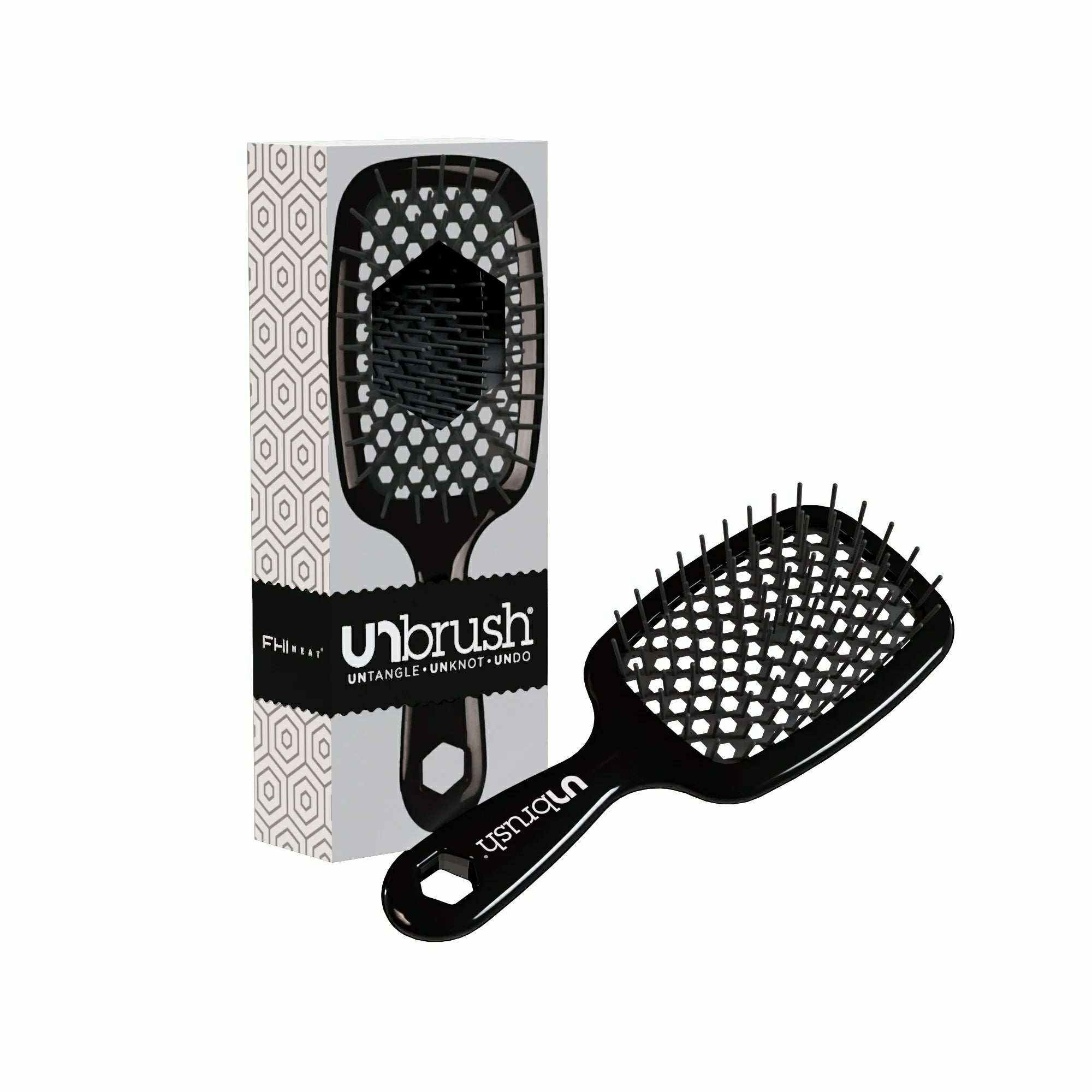 Unbrush original full sized hair brush in black with flexible bristles and packaging