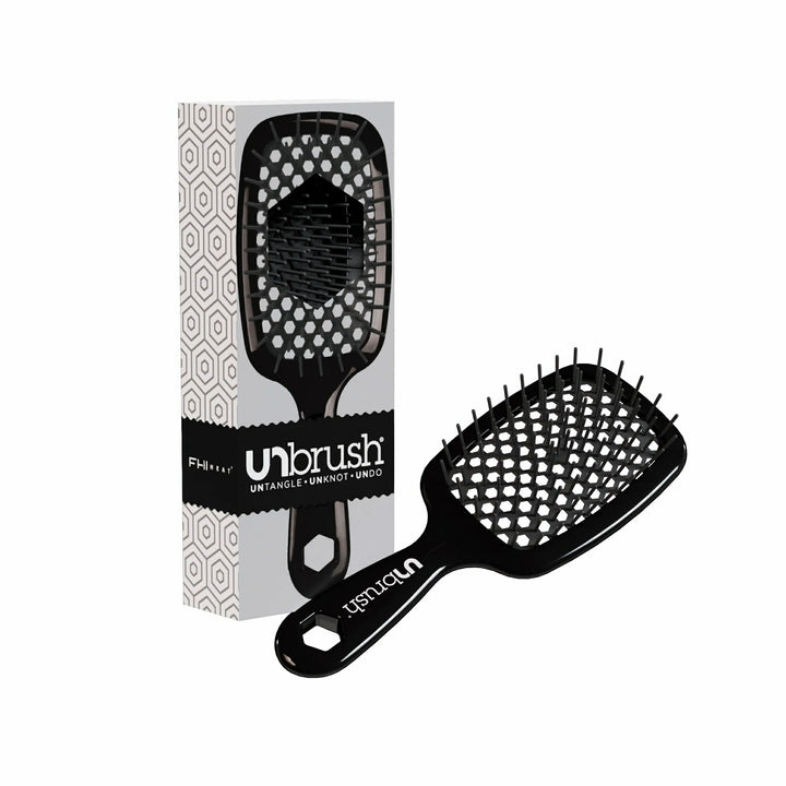 Unbrush original full sized hair brush in black with flexible bristles and packaging