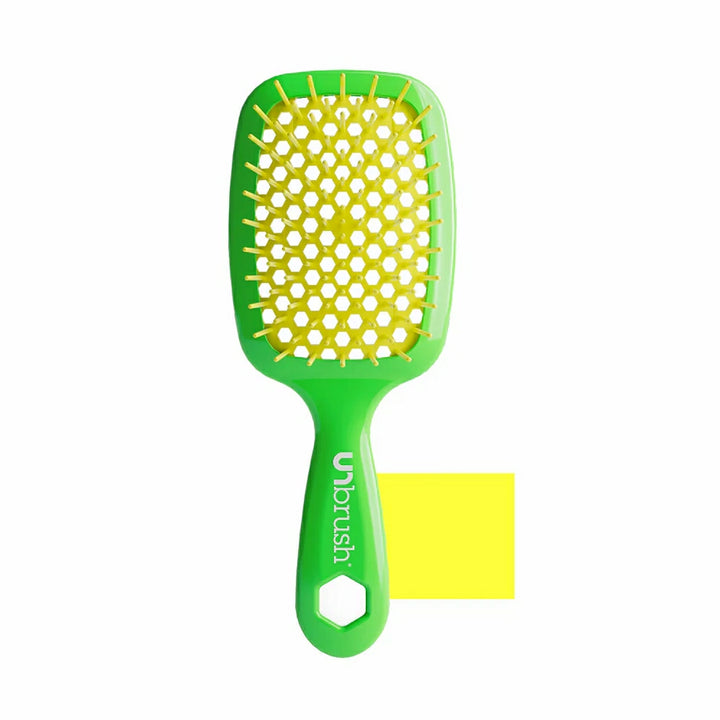 Unbrush original full sized hair brush in green with yellow flexible bristles and ergonomic handle