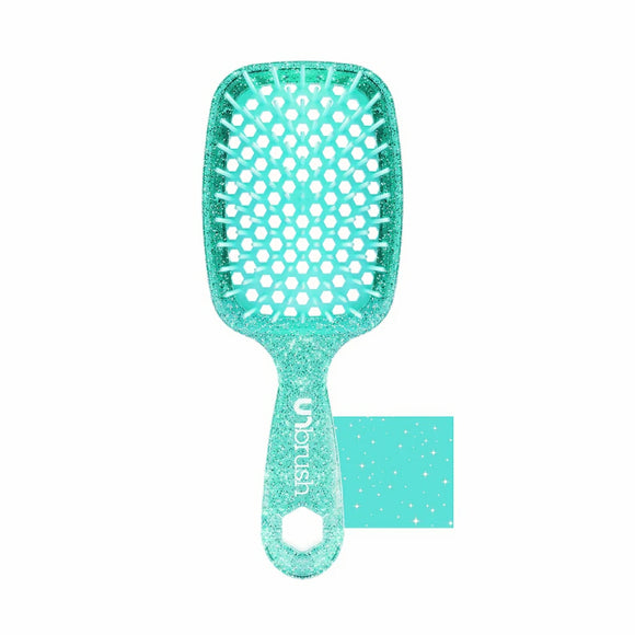 Unbrush original full sized hair brush in turquoise with glitter finish and vented paddle design