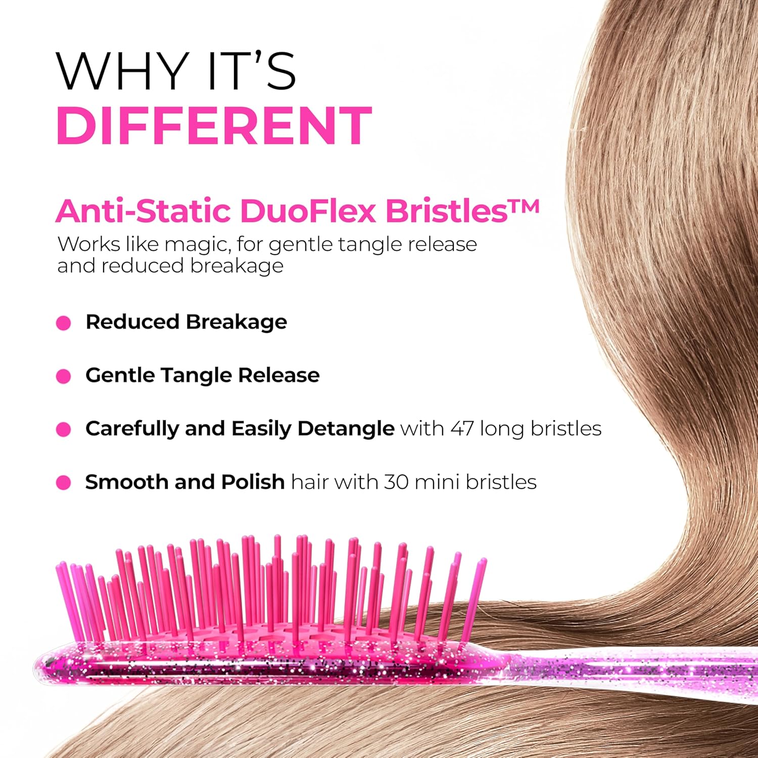 Unbrush glitter hair brush with pink anti-static DuoFlex bristles gently detangling long blonde hair