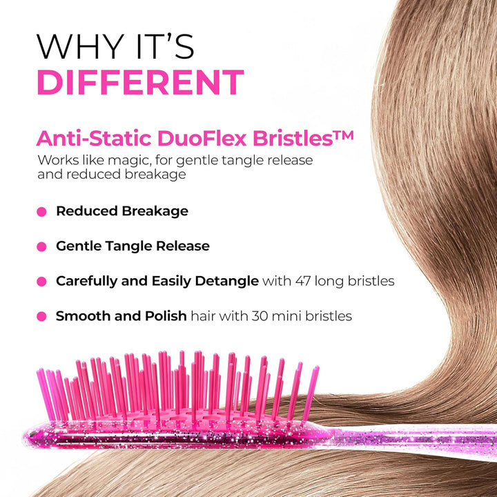 Unbrush glitter hair brush with pink anti-static DuoFlex bristles gently detangling long blonde hair