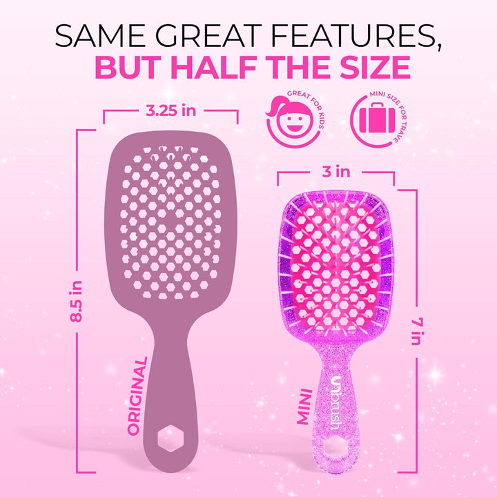 Unbrush glitter hair brush mini size compared to original brush with dimensions and kid-friendly features