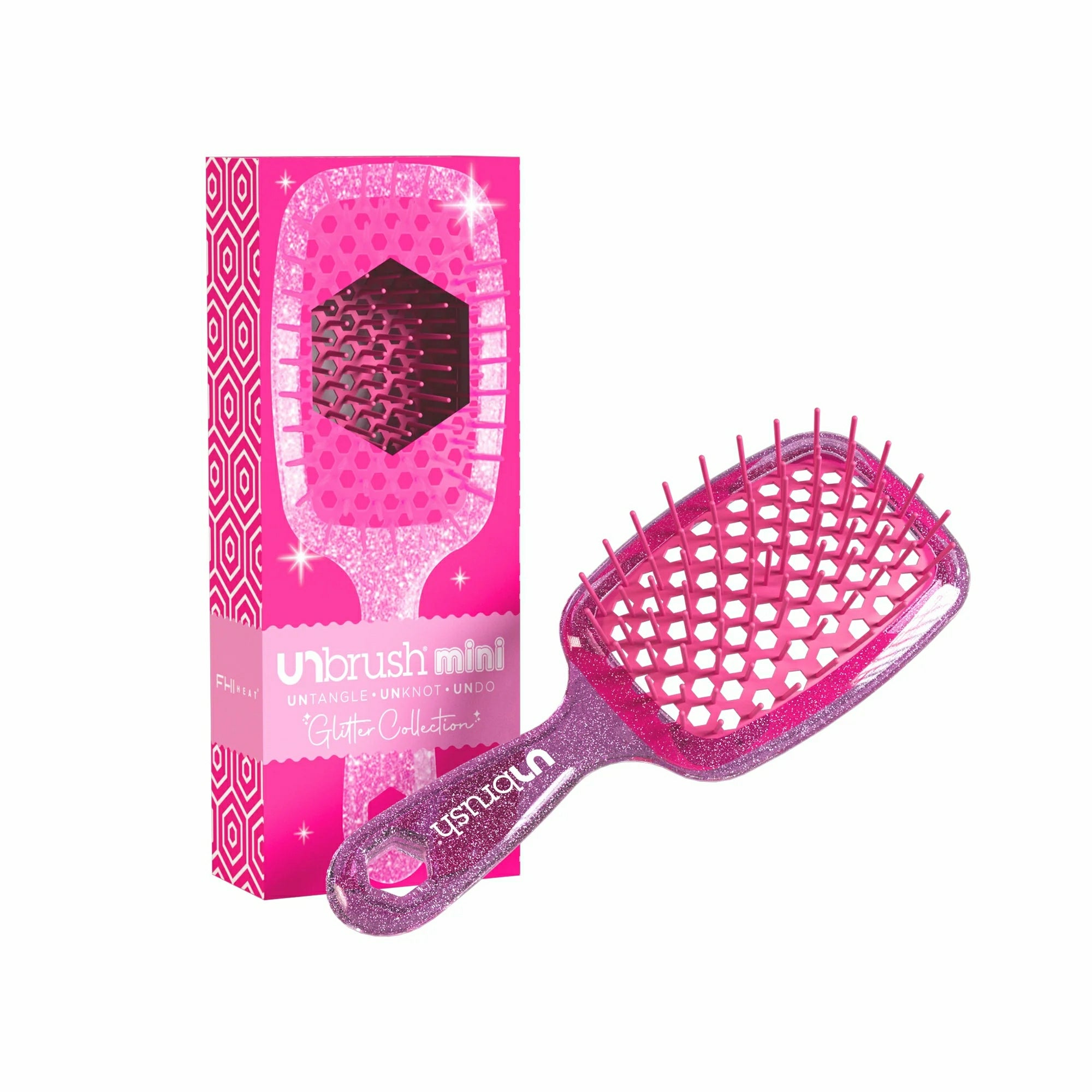 Unbrush glitter hair brush mini in pink with flexible bristles and packaging from the Glitter Collection