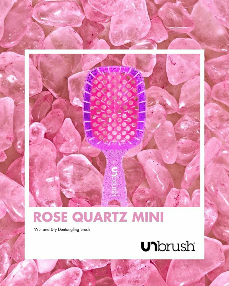 Unbrush glitter hair brush Rose Quartz Mini wet and dry detangling brush against pink rose quartz stones