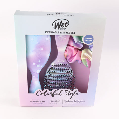 Wet Brush colorwash speed dry set with pastel purple detangler brush and colorful coil scrunchie in limited edition box