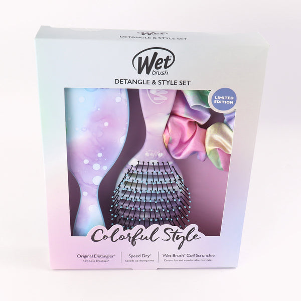 Wet Brush colorwash speed dry set with pastel purple detangler brush and colorful coil scrunchie in limited edition box