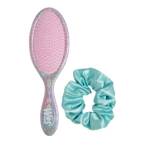 Wet Brush detangle and style kit featuring a pink brush and a silky turquoise scrunchie