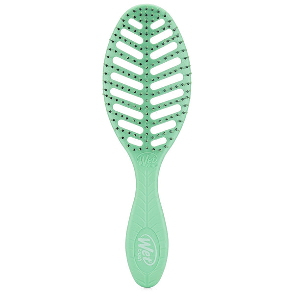 Wet Brush eco-friendly detangler in mint green with flexible bristles and leaf-inspired design