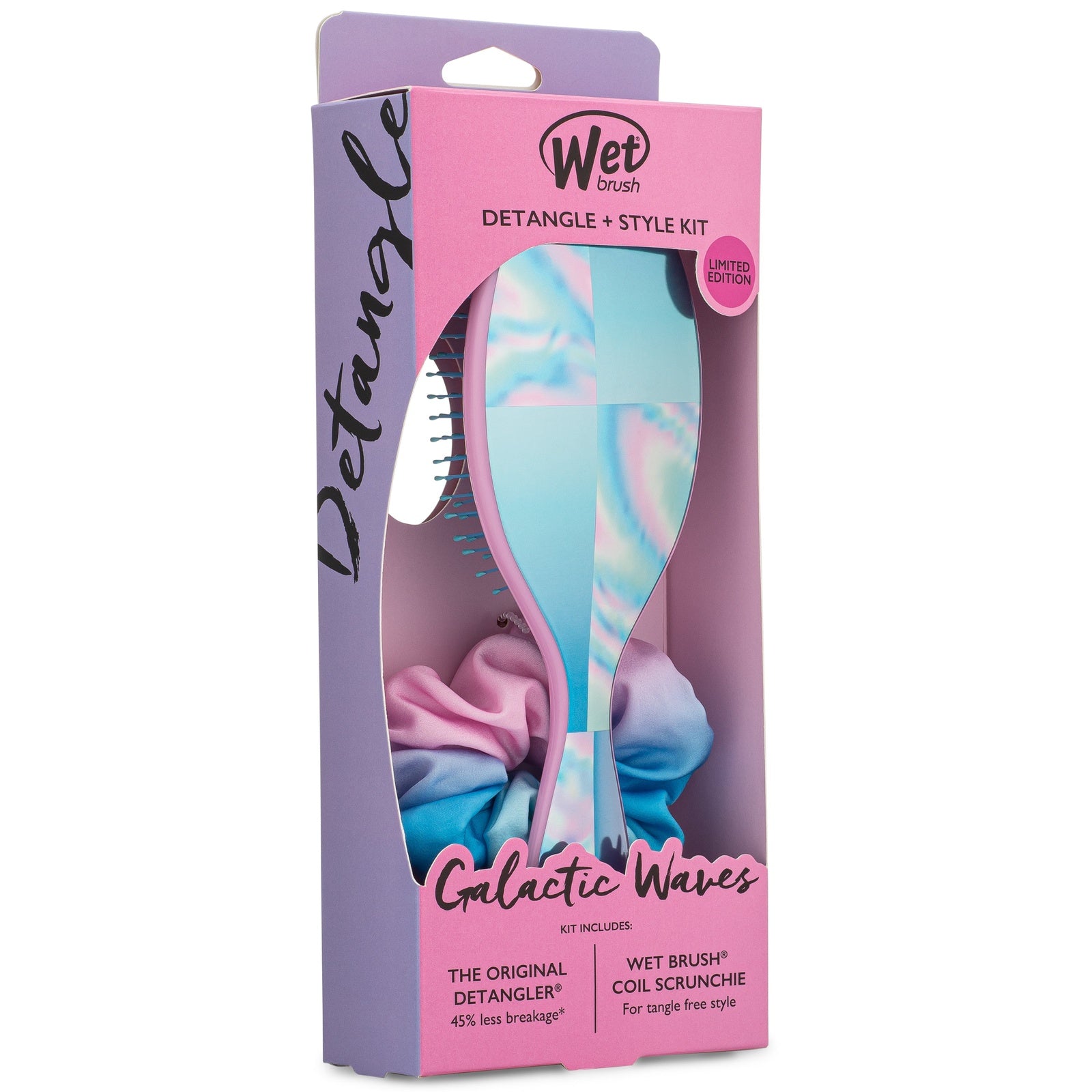 Wet Brush Galactic Waves bundle detangle and style kit with pastel swirl brush and coil scrunchie