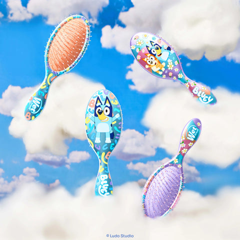 Wet Brush hair detangling brush assortment featuring colorful Bluey designs for easy hair styling