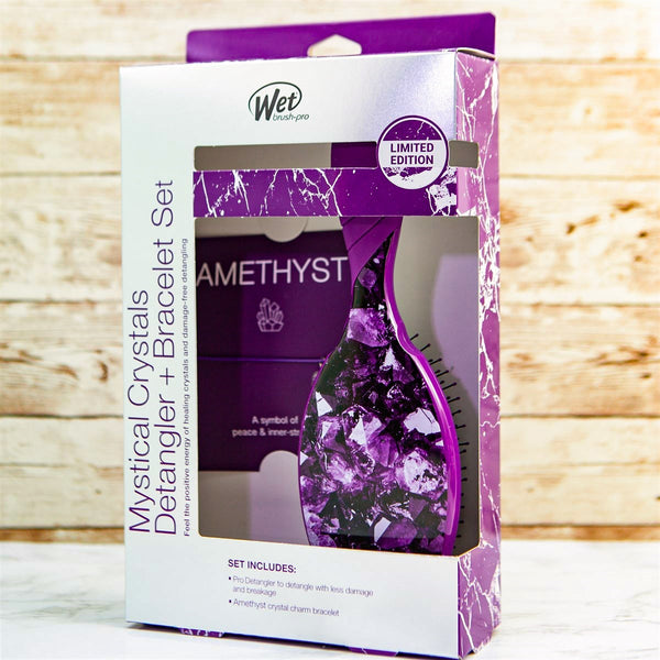 Wet Brush Mystical Crystal Detangler in purple amethyst design with matching bracelet set packaging