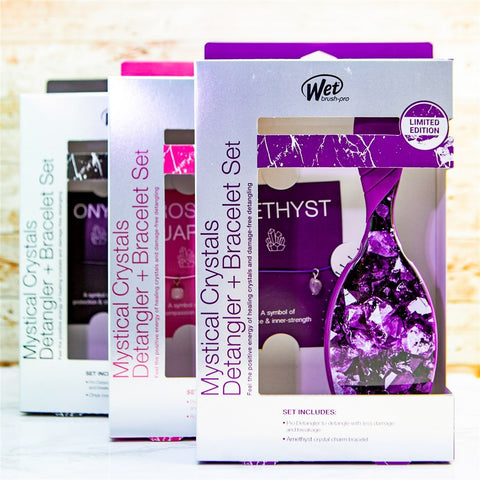 Wet Brush Mystical Crystal Detangler in purple with matching amethyst bracelet limited edition set